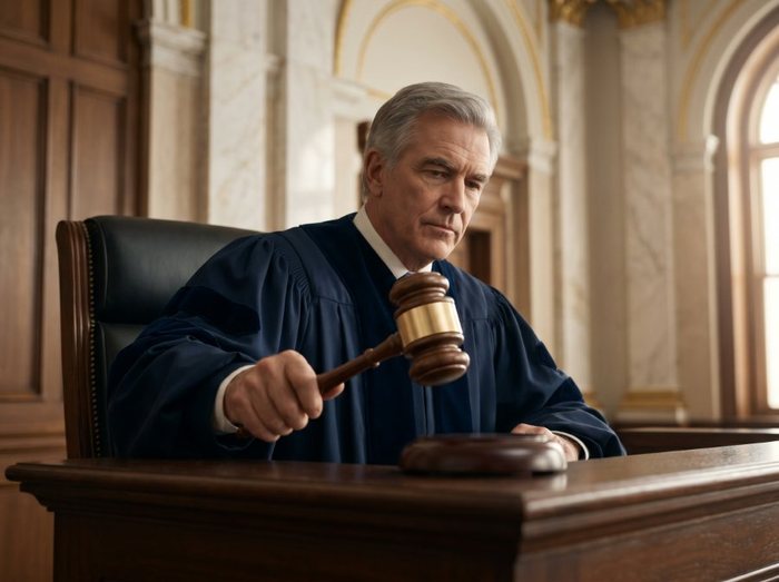 Juiz com martelo no tribunal