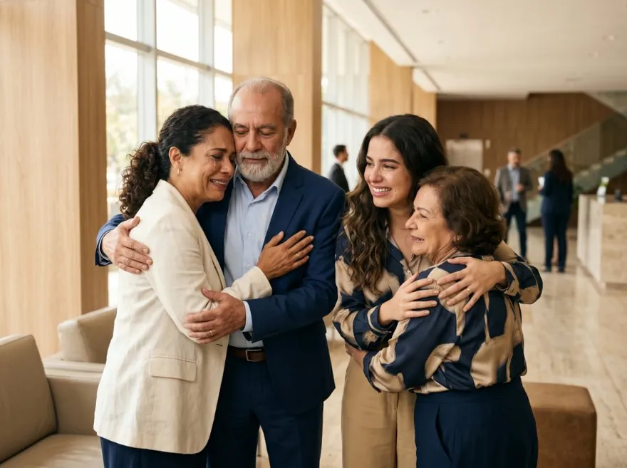 [IMG-PILAR-4] Família emocionada se abraçando após decisão favorável